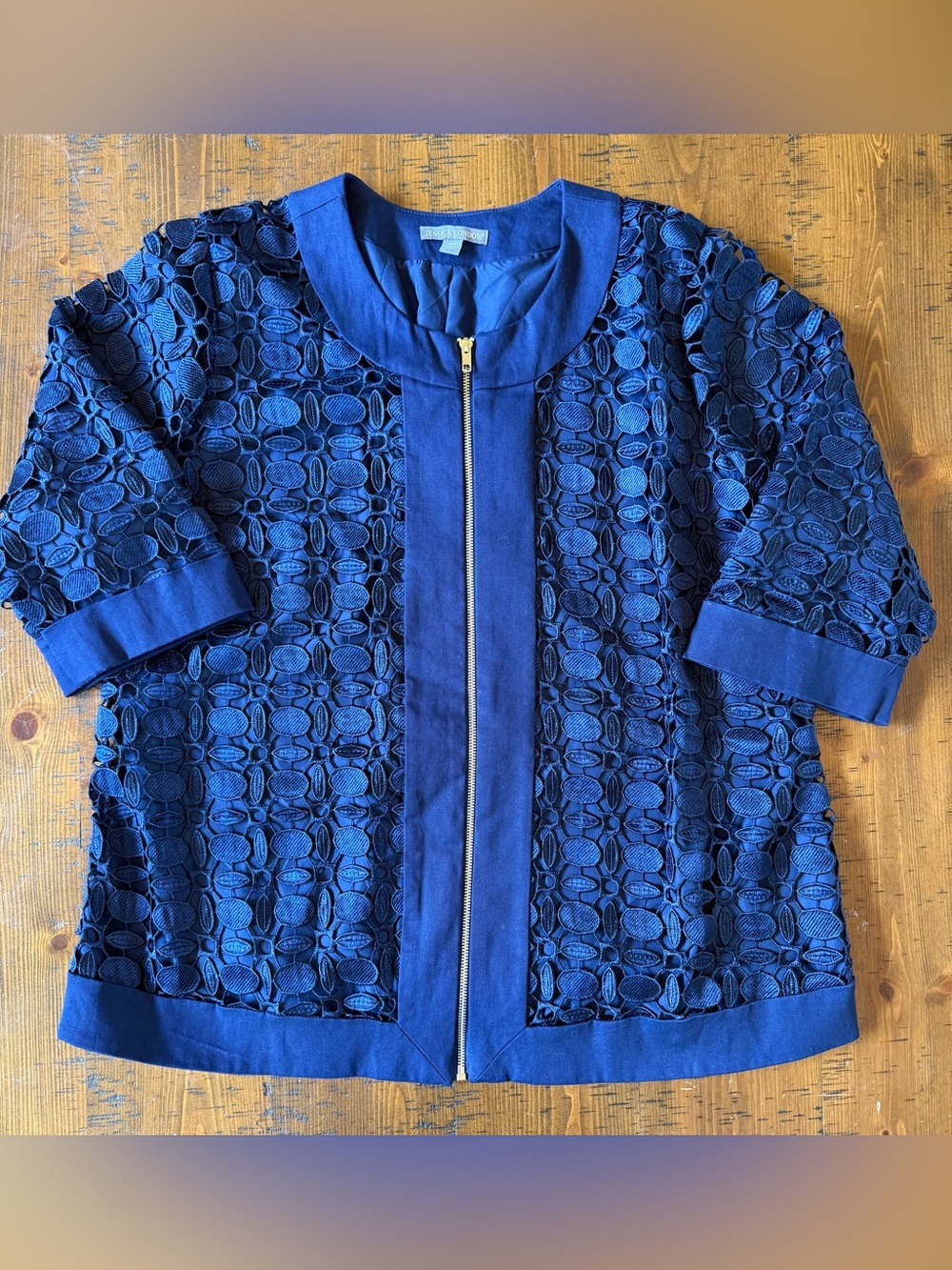 Jessica London Navy Lace Overlay Jacket with Gold Zipper. Size 20W